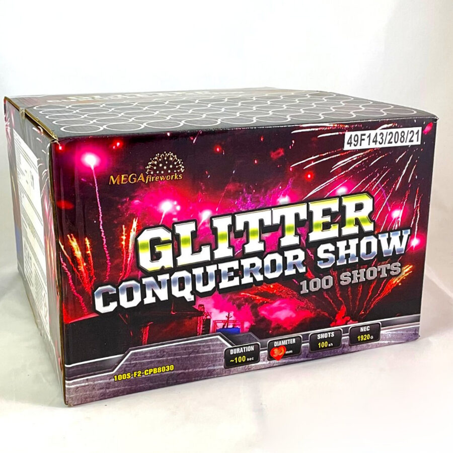 Fejerverkas-baterija „Glitter Conqueror Show“ (100 šūvių, 30mm)