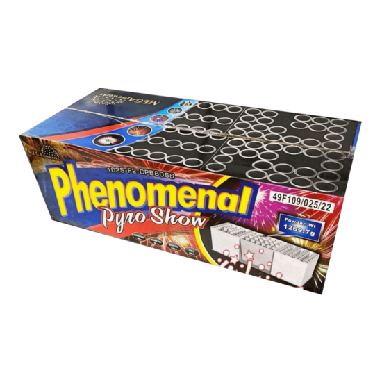 Daugiašūvis fejerverkas „Phenomenal Pyro Show“ (102 šūviai, 25mm, įvairiakryptis)