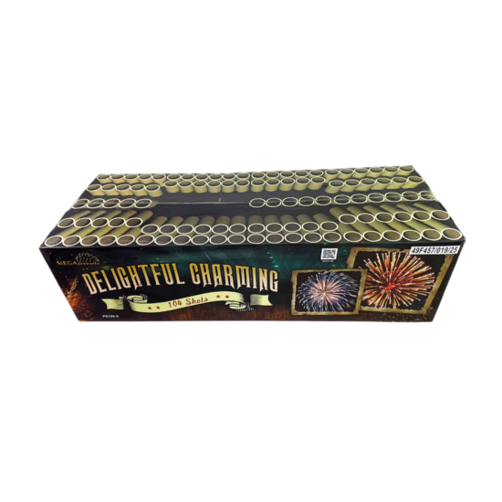 Daugiašūvis fejerverkas „Delightful Charming“ (104 šūviai, 25mm, įvairiakryptis)