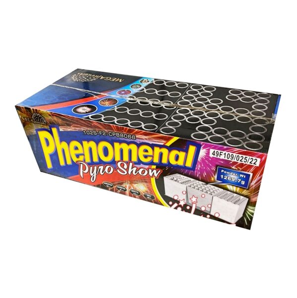 Fejerverkas-baterija „Phenomenal Pyro Show“ (102 šūviai, 25mm, įvairiakryptis)